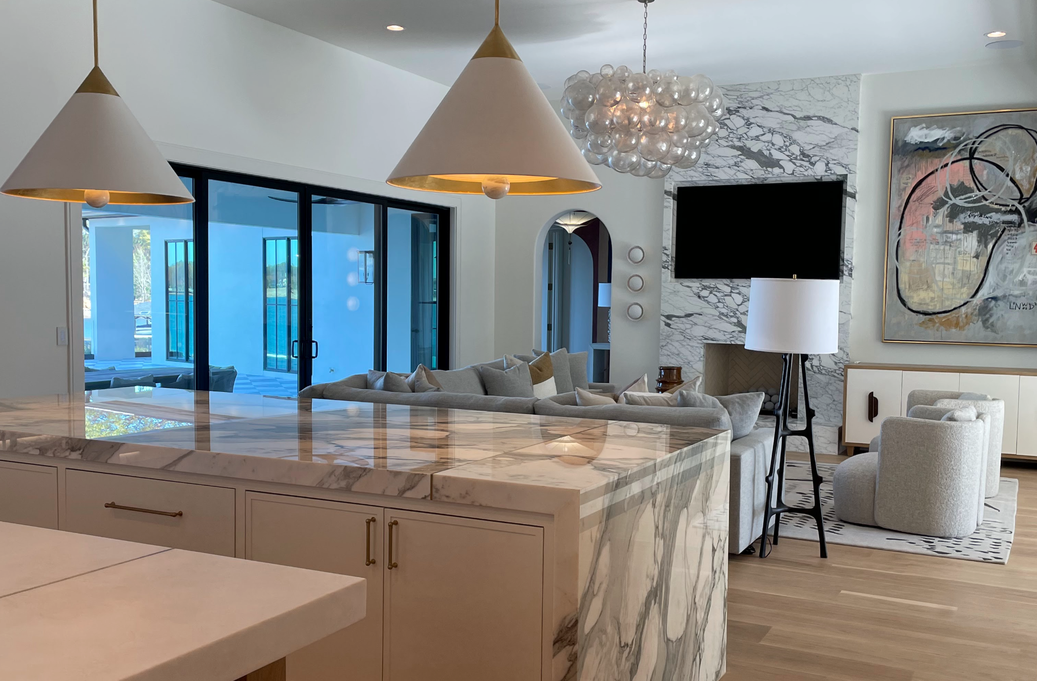 Open kitchen and living space in a custom Lake Norman home
